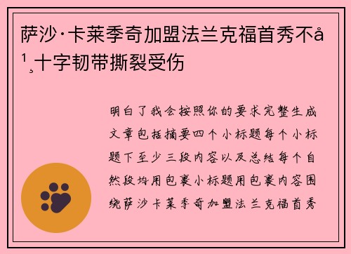 萨沙·卡莱季奇加盟法兰克福首秀不幸十字韧带撕裂受伤 萨沙·卡莱季奇加盟法兰克福首秀不幸十字韧带撕裂受伤