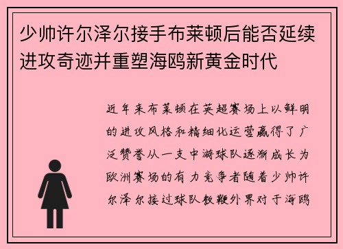 少帅许尔泽尔接手布莱顿后能否延续进攻奇迹并重塑海鸥新黄金时代 少帅许尔泽尔接手布莱顿后能否延续进攻奇迹并重塑海鸥新黄金时代